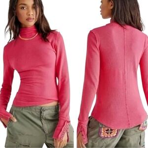 Free People Jojo Long Sleeve Thermal Raw Hem Tee Red Size XS NWOT